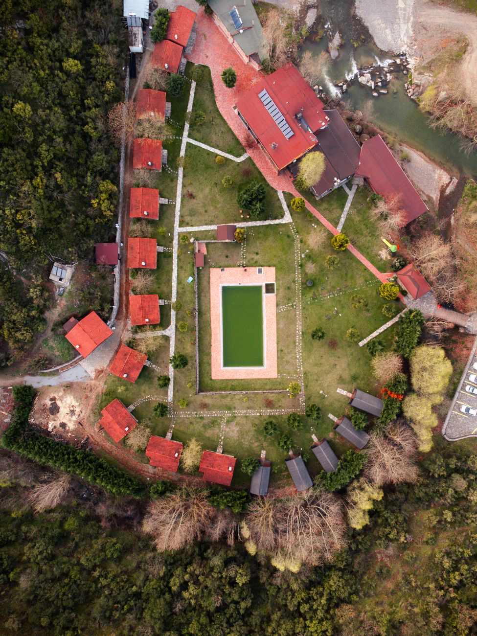 Luxurious lodge aerial drone cinematography